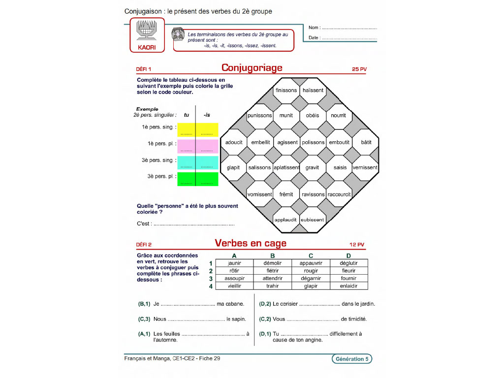 Fiche exercice conjugaison - Français et Manga au CE1 et CE2