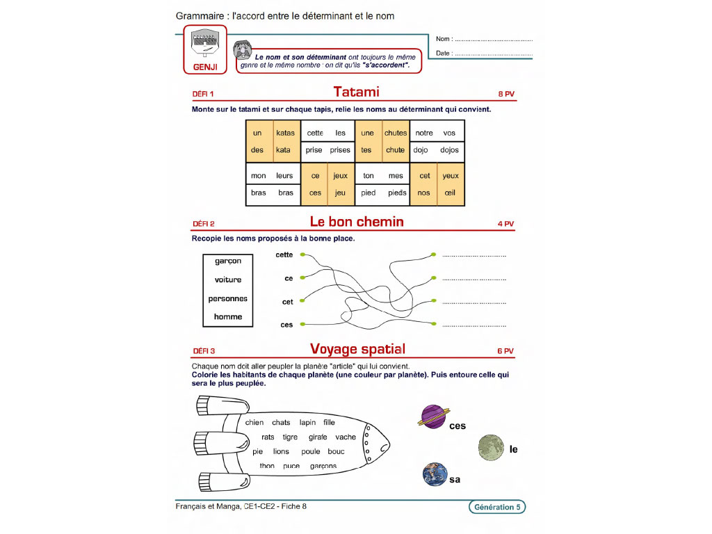 Fiche exercice grammaire - Français et Manga au CE1 et CE2