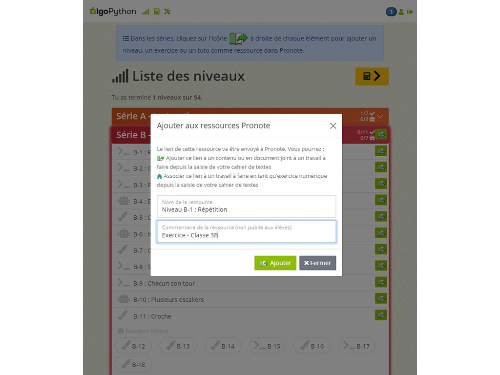Pronote - plateforme d'algorithmique AlgoPython