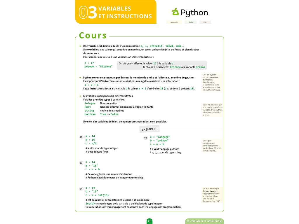Cahier de Python Seconde - Cours Variables et instructions
