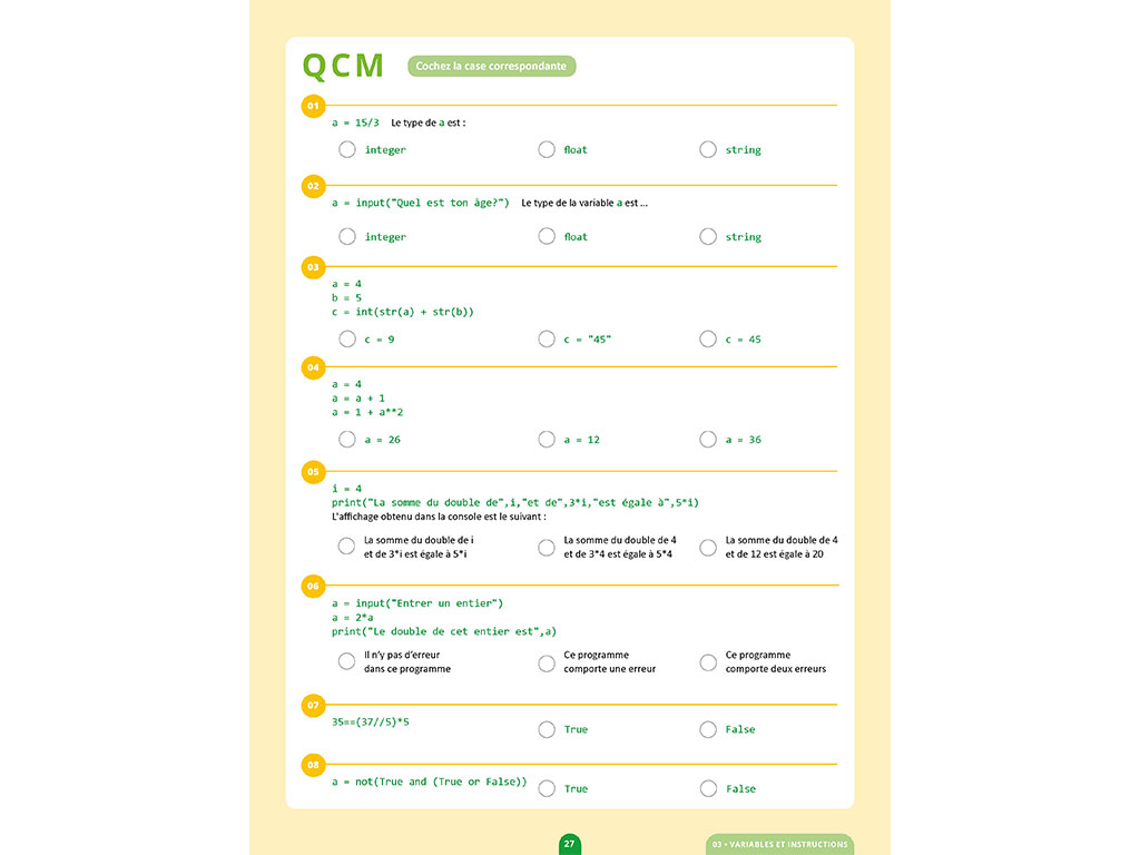 Cahier de Python Seconde - QCM
