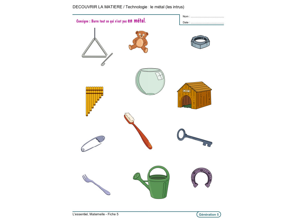 Fiche exercice sur la matière en maternelle